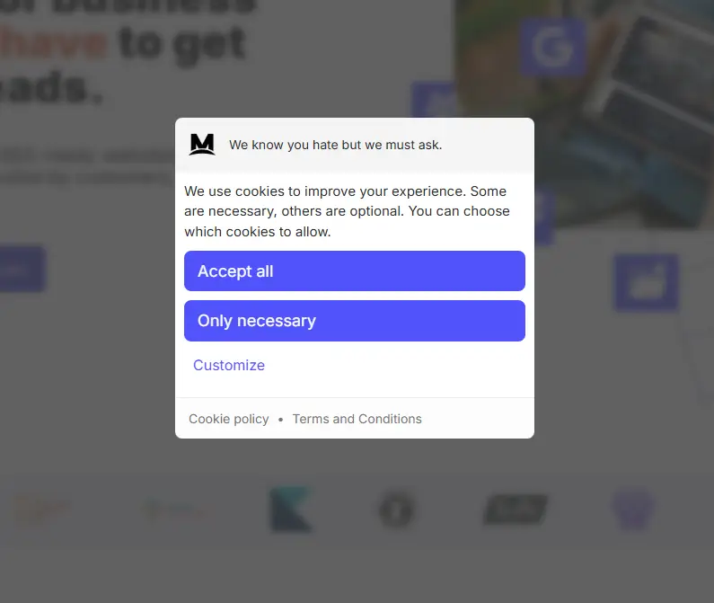 Cookie bot showcase on Maypact website
